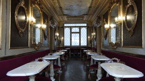 Empty chairs and tables in a restaurant