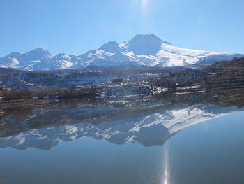 Scenic view of snowcapped mountains against clear sky