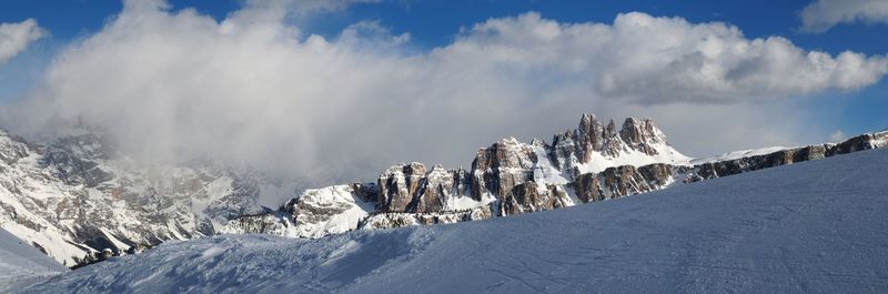 Panoramic view of snow covered mountains against sky