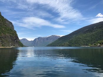 Scenic view of lake and mountains against sky