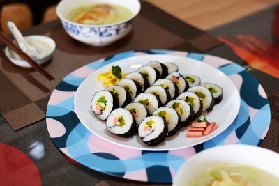 High angle view of sushi in plate on table