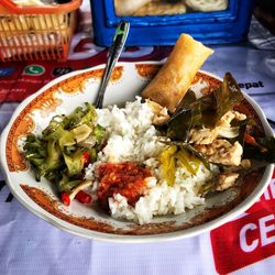 High angle view of food in plate on table