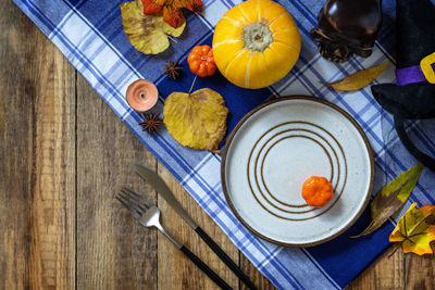 High angle view of pumpkin on table