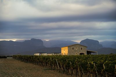 Scenic view of rural building against serra de tramuntana and dramatic sky