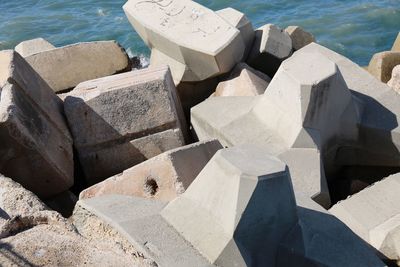 High angle view of rocks on beach during sunny day