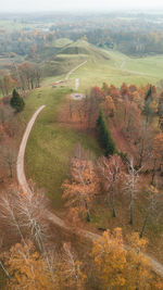 High angle view of trees on field during autumn