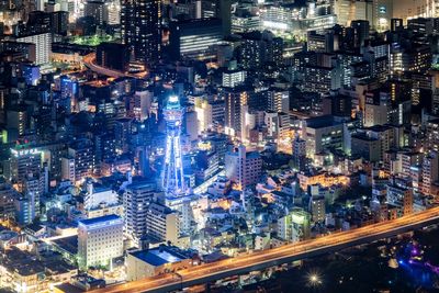 High angle view of city lit up at night, took at the highest building in japan