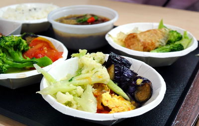 High angle view of food served on table