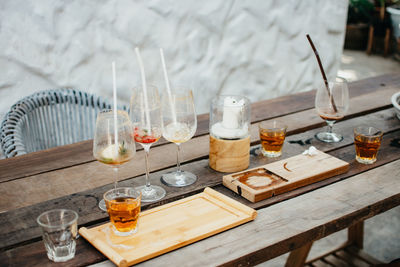 High angle view of wine glasses on table