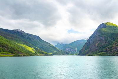 Panoramic view of geiranger fjord near geiranger seaport, norway. norway nature  travel background