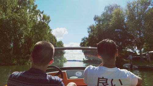 Rear view of friends sitting against trees and sky