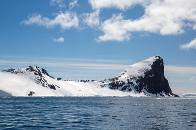 Scenic view of sea and snowcapped mountain against sky