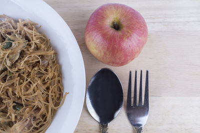 High angle view of apples in bowl on table