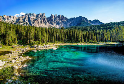 Scenic view of lake by trees and mountains against sky