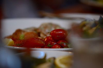 Close-up of served fruits in plate