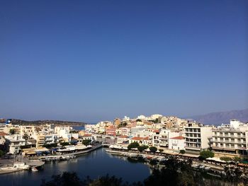 City buildings against clear blue sky