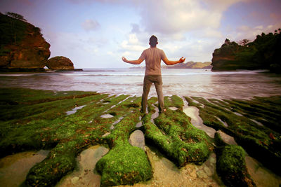 Rear view of man standing at beach against sky