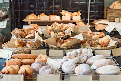 Close-up of baked items for sale in store