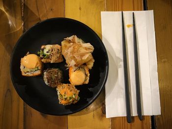 High angle view of breakfast on table