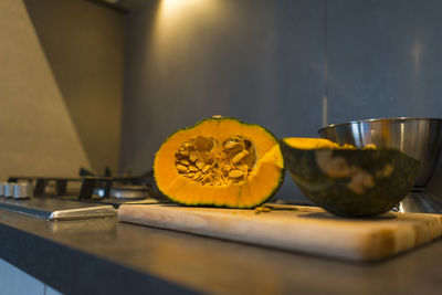 Close-up of pumpkin on cutting board