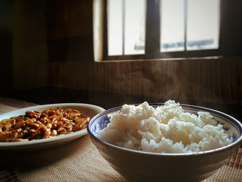 Close-up of breakfast served on table