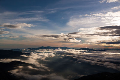 Aerial view of clouds over mountains during sunset