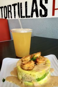 Close-up of food served on table