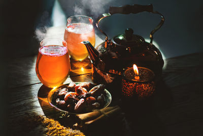 Close-up of tea light candles on table