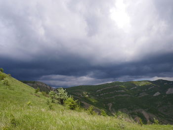 Scenic view of grassy mountain against cloudy sky