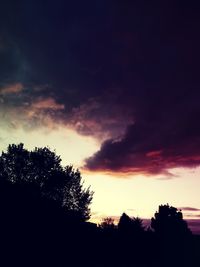 Low angle view of silhouette trees against dramatic sky