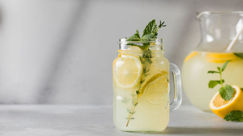 Close-up of drink in jar on table