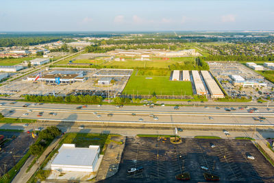 High angle view of airport runway against sky