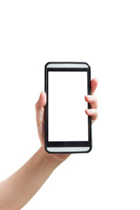 Hand holding smart phone over white background