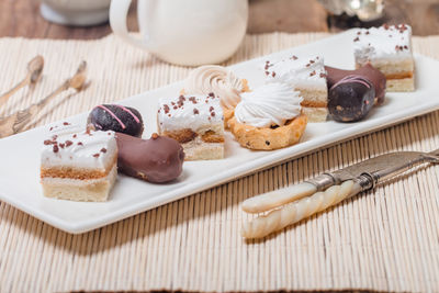 High angle view of dessert in plate on table