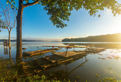 Scenic view of lake against sky at sunset