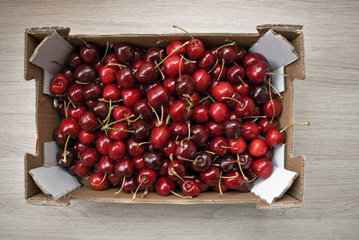 High angle view of strawberries on table