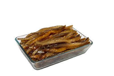 High angle view of bread on white background