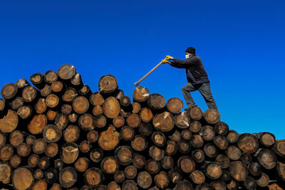 Low angle view of man standing on logs against clear blue sky