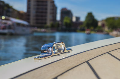 Close-up of boat sailing on river