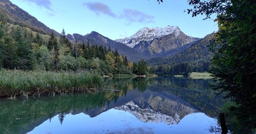 Scenic view of lake and mountains against sky