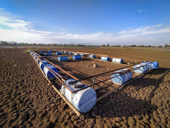 High angle view of agricultural field against sky