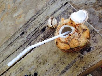 High angle view of bread on wood