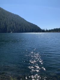 Scenic view of lake against clear blue sky
