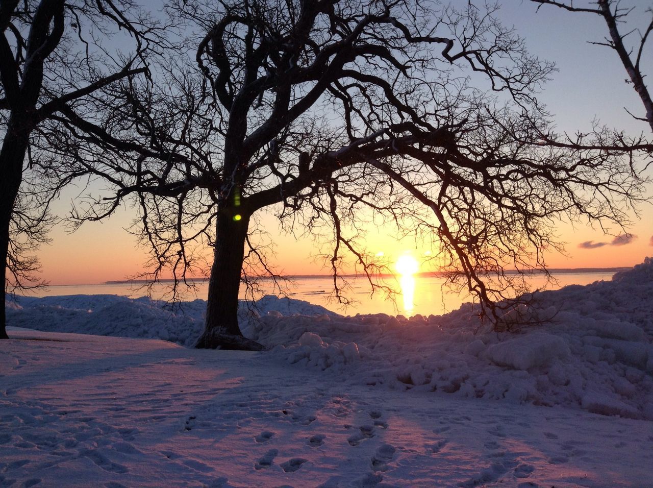 sunset, sun, tranquil scene, tranquility, scenics, bare tree, beauty in nature, nature, tree, sky, sunlight, silhouette, landscape, orange color, branch, idyllic, non-urban scene, remote, snow, outdoors