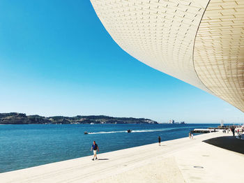 People on beach against clear blue sky