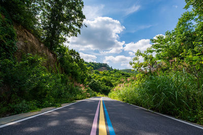 Empty road amidst trees against sky