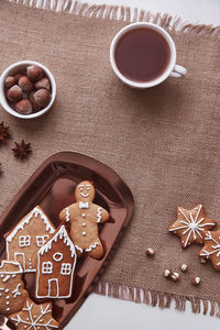 High angle view of cookies on table