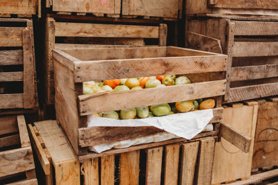 High angle view of fruits in crate