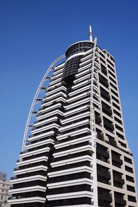 Low angle view of modern building against blue sky