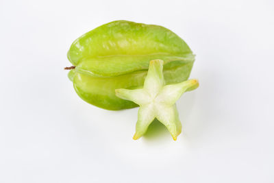 Close-up of green chili pepper against white background